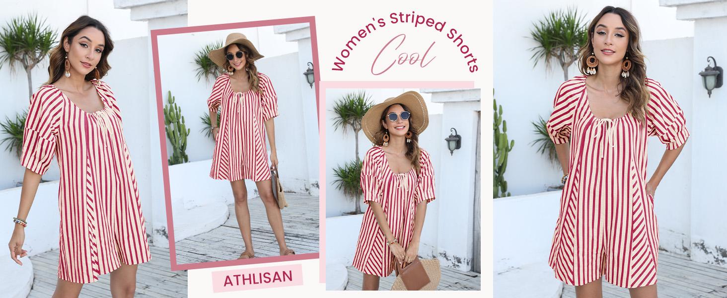 UANEO Womens Striped Romper Casual Loose Puff Sleeve Wide Leg Jumpsuit Overall with Pockets SummerVibes