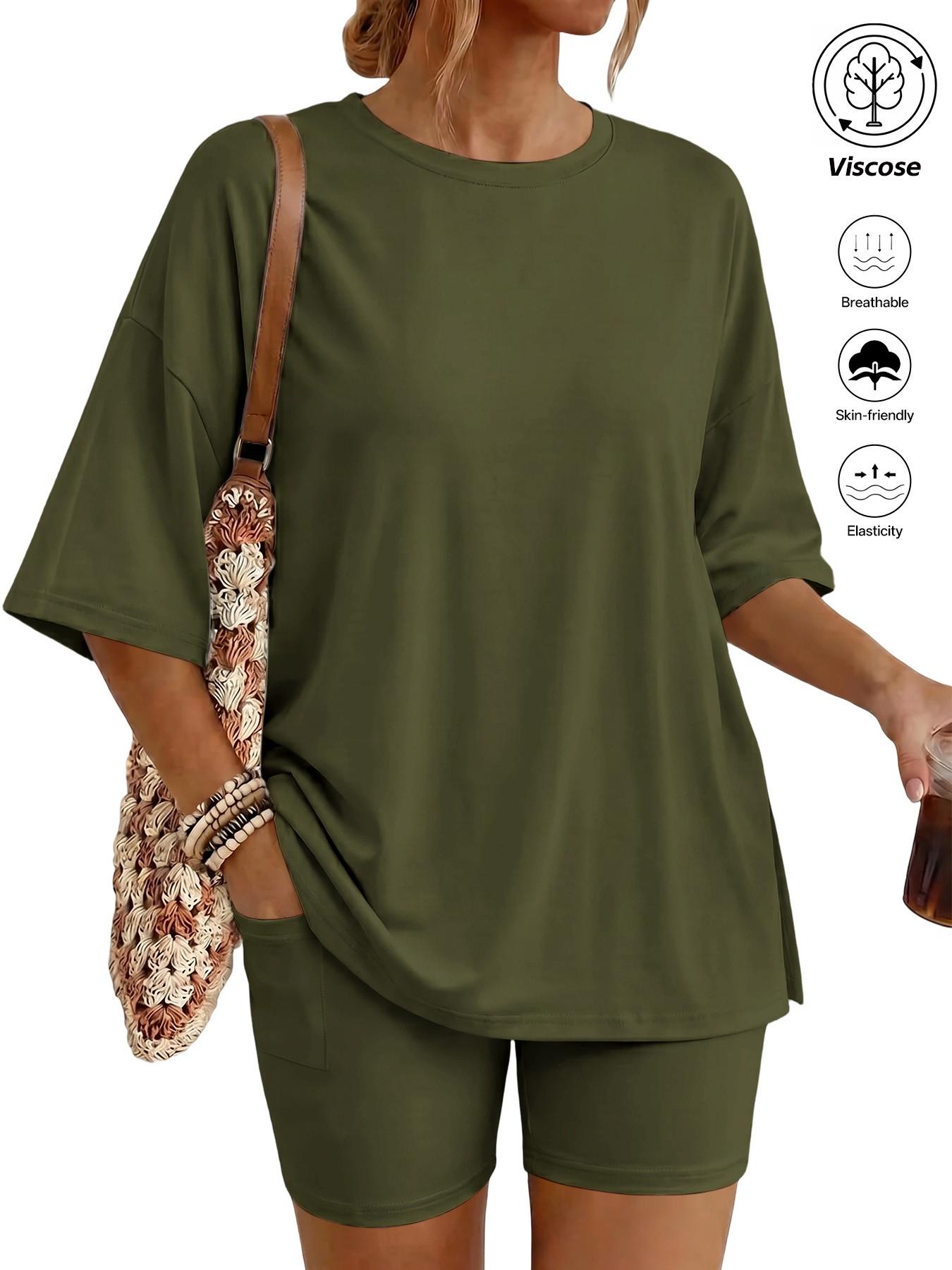Women's Two Piece Lounge Set Matching, 2026 Summer Casual Basic Oversized Shirts & Biker Shorts, Fitted Plain Design, Perfect for Airport Travel Womenswear Clothes
