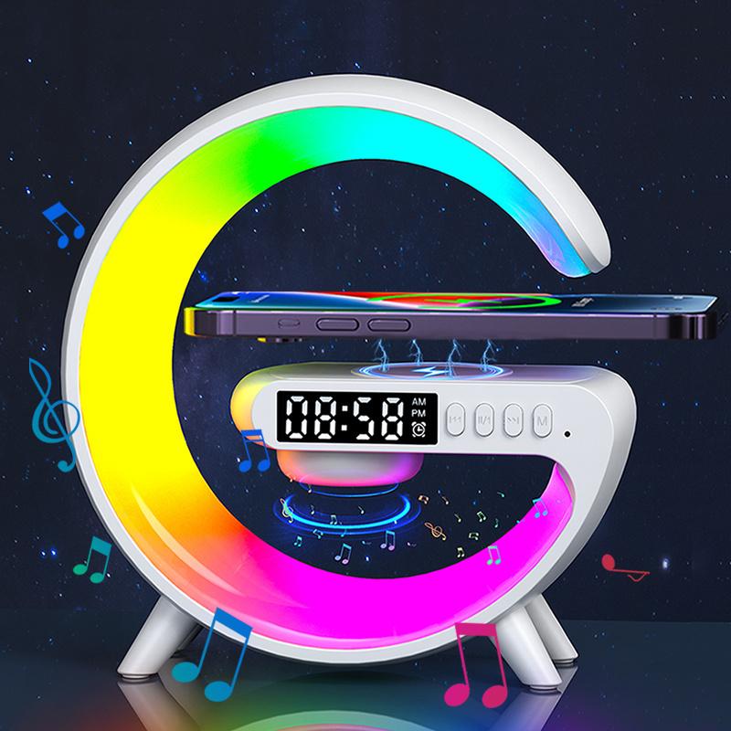 Multifunctional Wireless Charger Stand Fast Wireless Charging Station Suitable for iPhone 17 16 15 HD Audio Subwoofer Portable Wireless Speaker Alarm Clock Colorful LED Night Light RGB Light Bedside Lamp Christmas and Halloween Gift