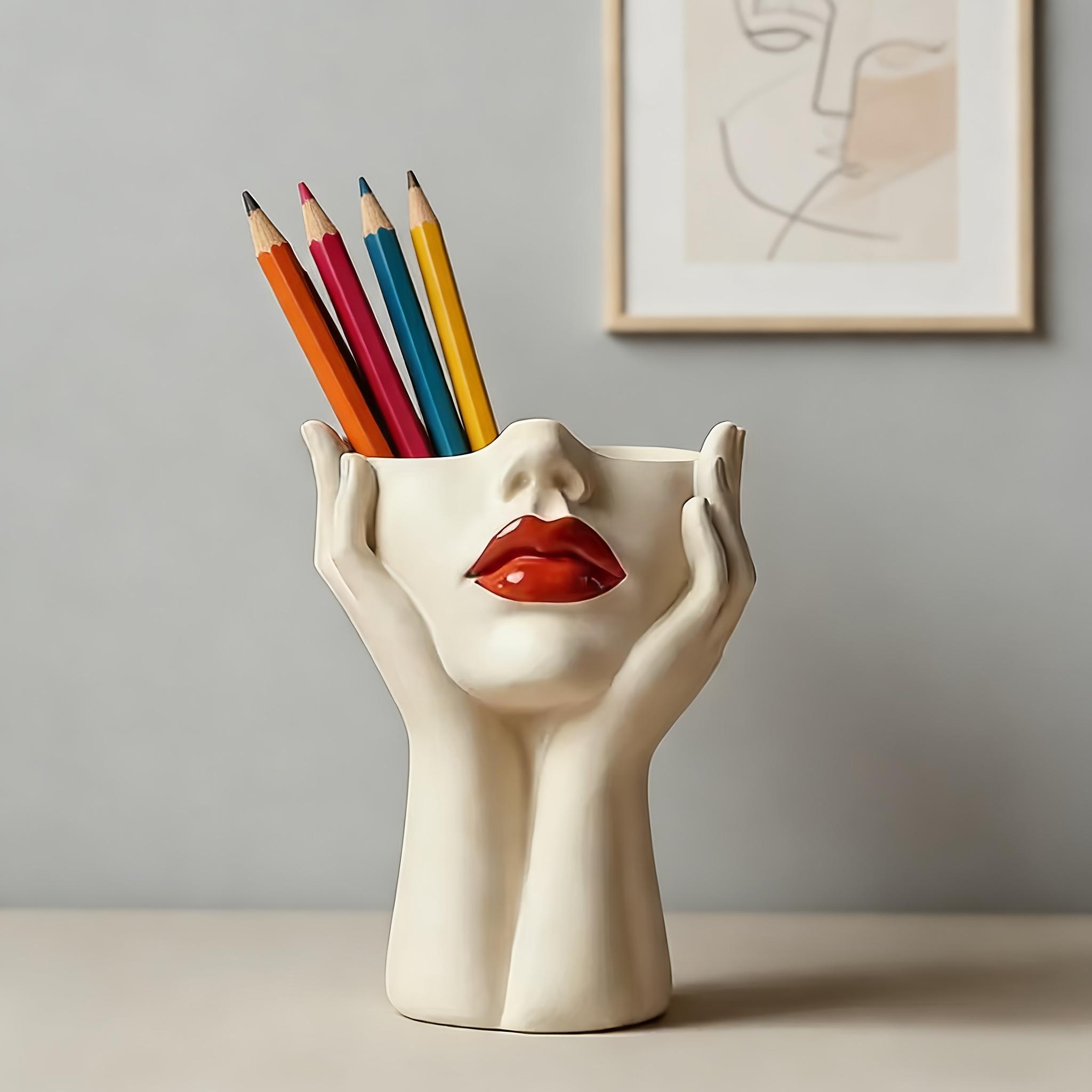 1pc Elegant Resin Makeup Brush Holder with a Red Lip Design - a Lightweight Synthetic Resin Cosmetic Organizer, Pen Holder, and Freestanding Desktop Organizer for Use in the Bathroom or on a Dressing Table.