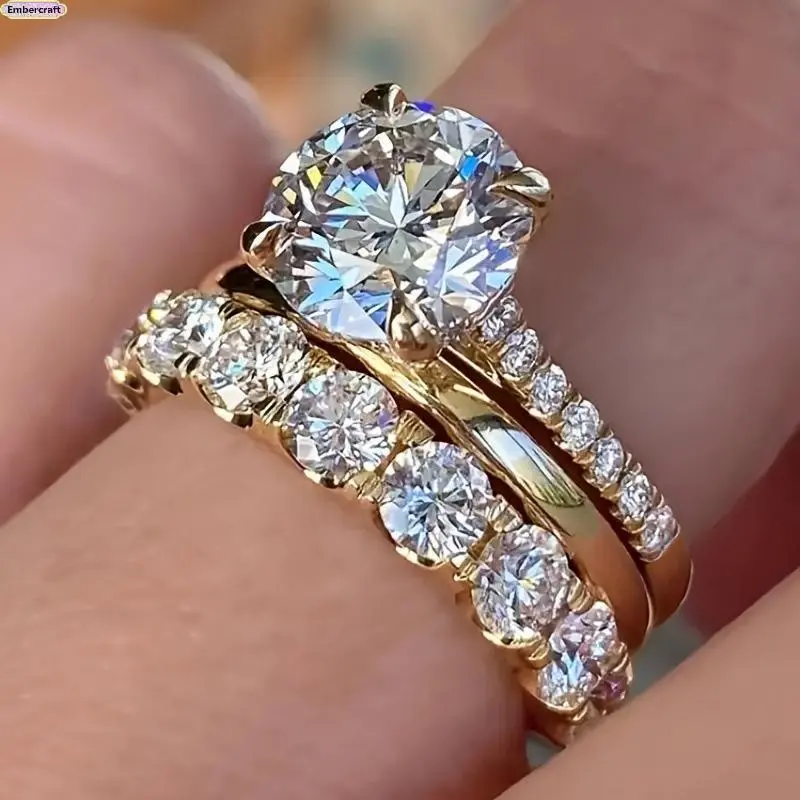 Elegant 3 Piece Stackable Ring Set for Women, Copper Zircon Wedding Bands with a Sparkly Look, Minimalist Engagement and Anniversary Jewelry, Wedding Ring Sets, Female Rings