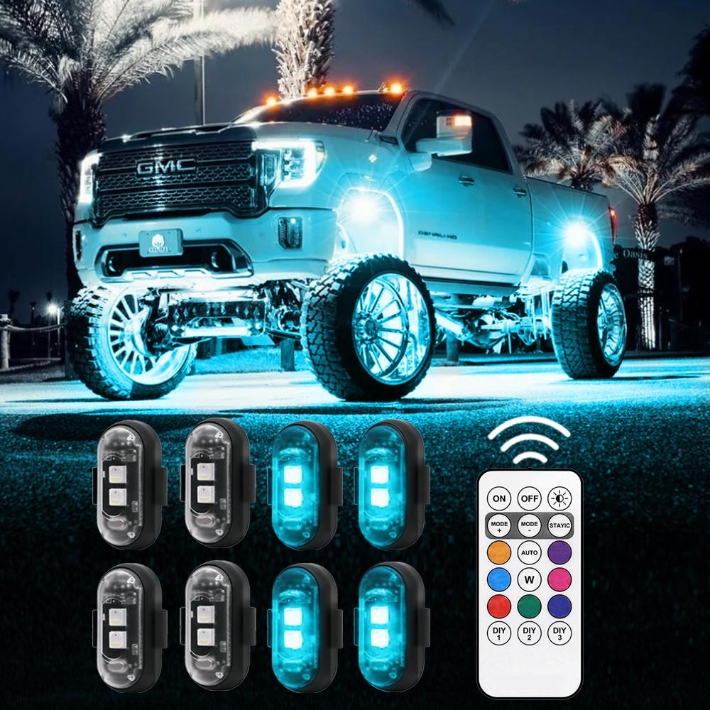 Rechargeable Remote Control Footwell Lights Flashlight 8 Colors 10 Custom Lighting Modes Interior Decorative Light Car Mods Upgrade Exterior UnderGlow Lamp Car Light Embellishments for SUV Truck Holiday Party Halloween Christmax Decoration Xmas Gift Ideas