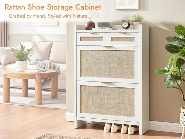 PieDle Furniture Boho-Chic Rattan Shoe Storage with Drawers for Home Entries