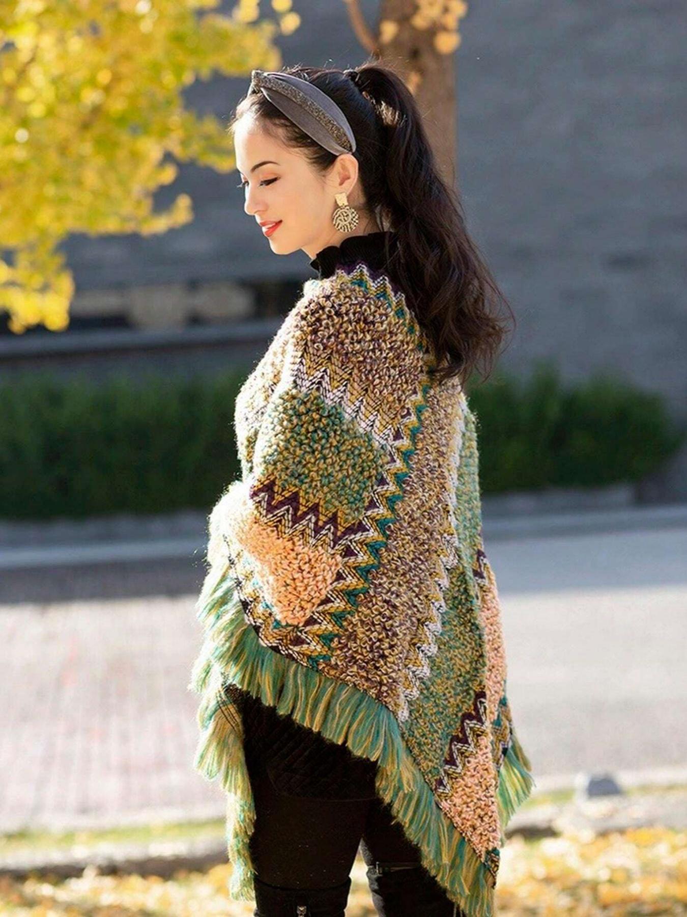 1pc Herringbone Tassel Shawl, Boho Style Shawl, Shawl Cape, Fashion Versatile Travel Poncho, Warm Scarf Wrap, Tassel Decor Shawl