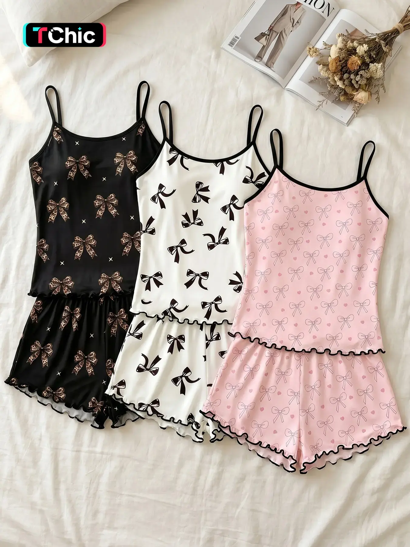 Women's 3-Pack Spaghetti Strap Cami Top and Shorts Pajama Set, Spring Summer Wear, Bow Print, Loose Fit, Casual Loungewear for Home & Quick Errands