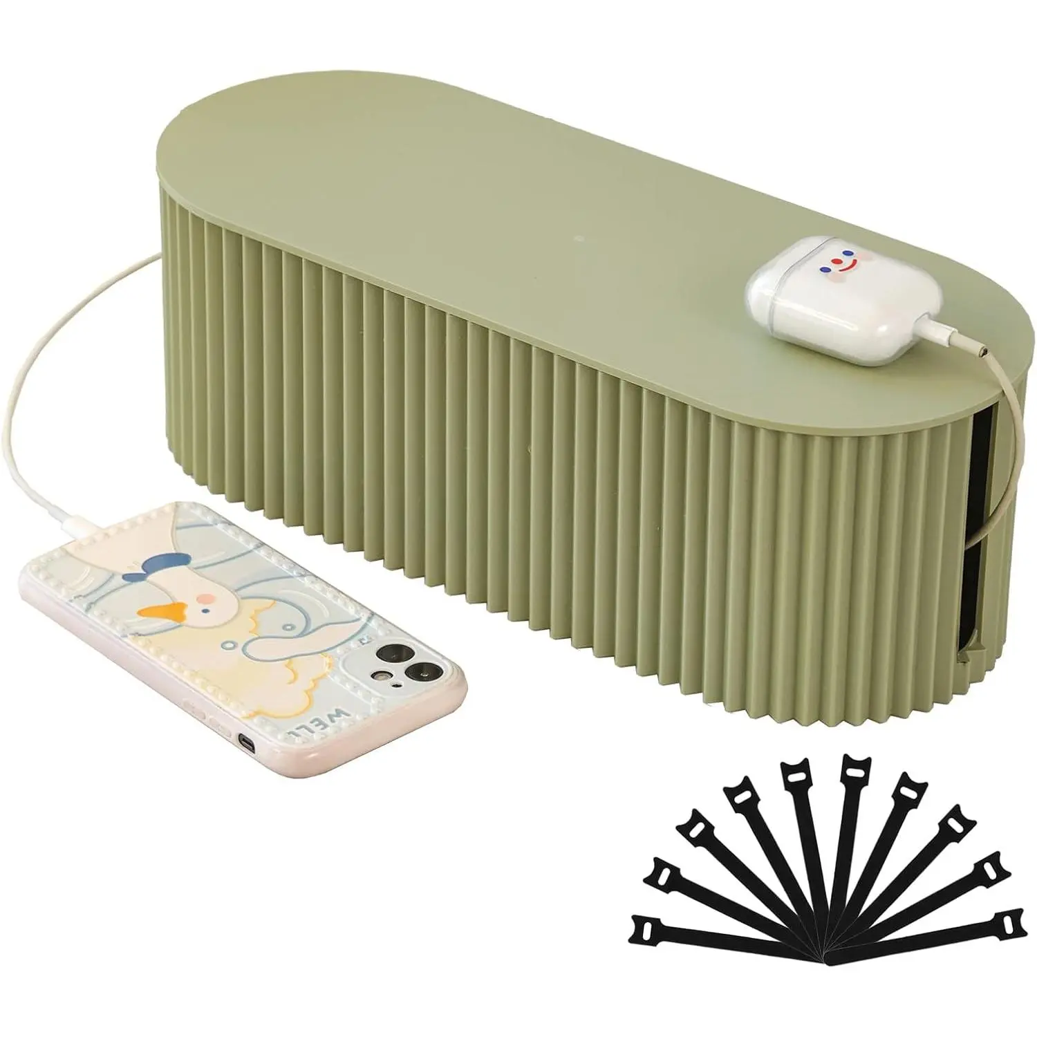 Management Box, Cord Organizer Box with 10  Ties, Power Strip Storage to  Charger Adapter Power Cord  Station(Small/Green)