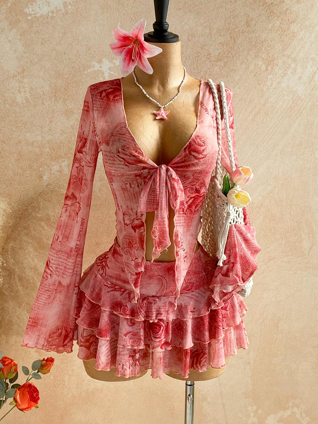 2 Piece Women's Floral Print Mesh Long Sleeve Tie Front Top and Ruffle Mini Skirt Set, Summer Beach Outfit, Fashion Clothing Set