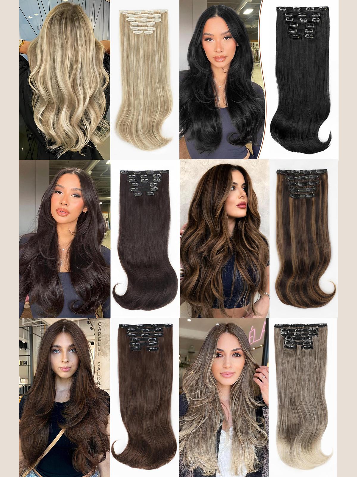 ALXNAN Synthetic Bleach Blonde Clip-in Hair Extensions Natural Straight Long Layered for Women Curly Wavy Heat Resistant Natural Straight