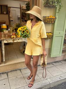 Vacation-Ready Knit Set: Women‘s Textured & Openwork Short-Sleeve Cardigan with Polo Collar, Fabric Buttons & Pockets + Relaxed Elastic Waist Shorts. A Chic and Comfortable Resort Wear Two-Piece.