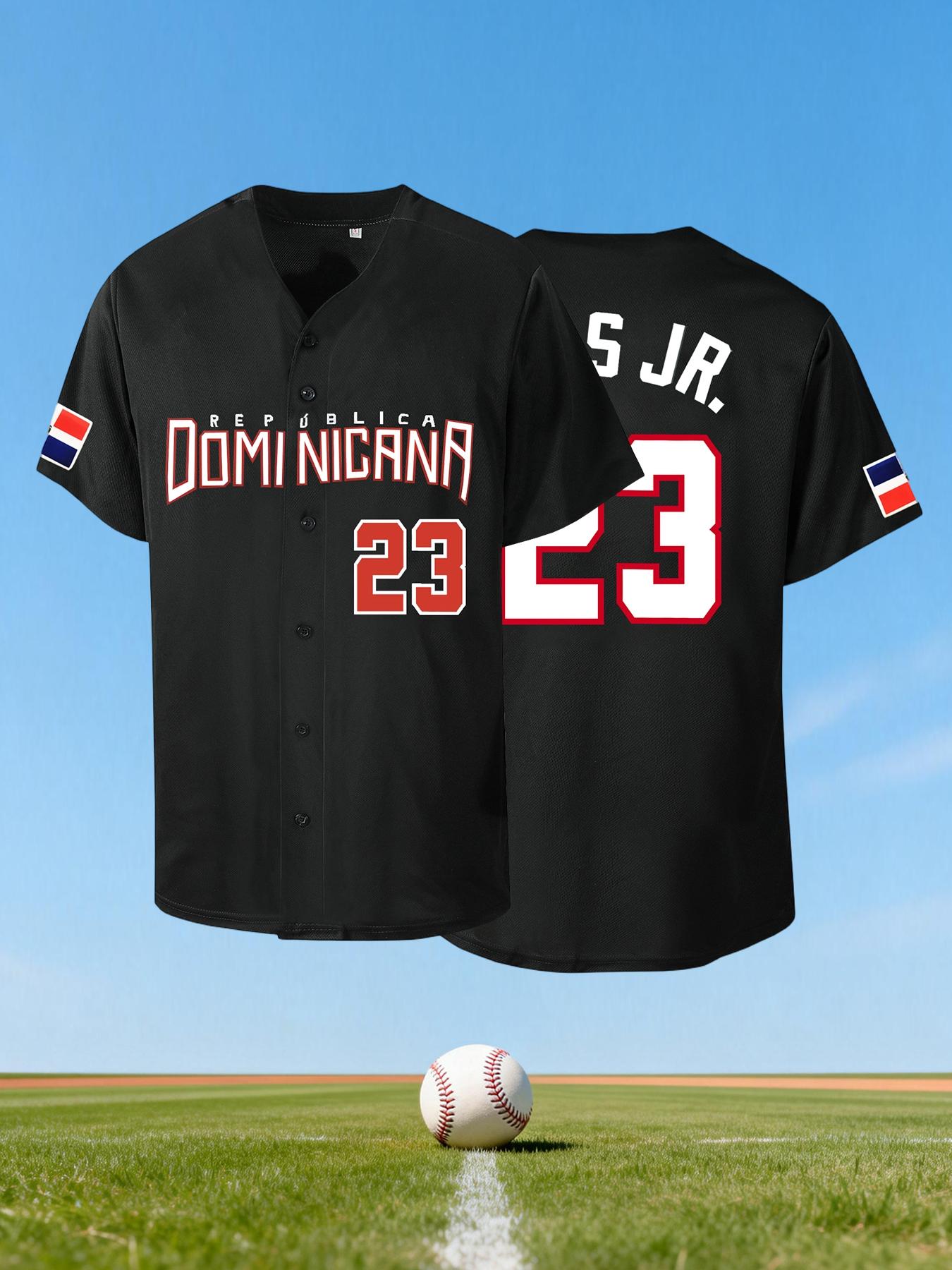 Men's Letter & Number Stitched Button Front Baseball Jersey, Stylish Jersey, Casual Loose Short Sleeve V Neck DOMINICANA 23 Baseball Top for Fall & Winter, Baseball Christmas Gifts