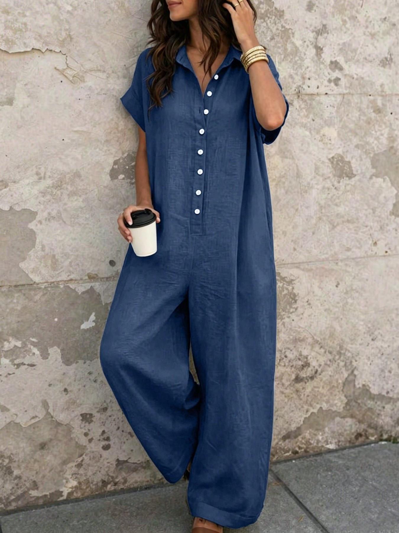 Women's Casual Loose-Fitting Breathable Jumpsuit, Summer Short Sleeve Collared Print Jumpsuit, Wide Leg Long Pants with Button Closure