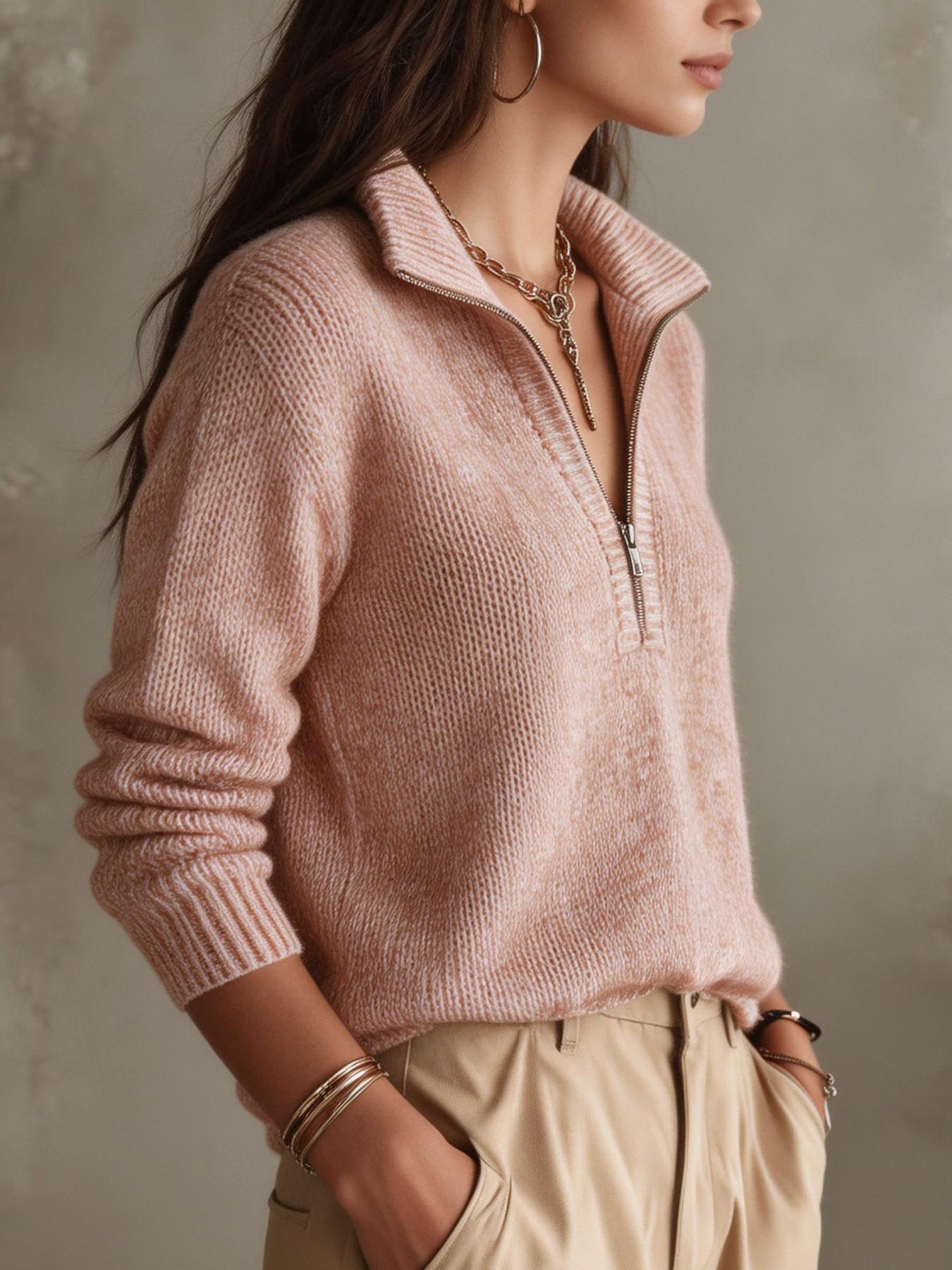 Women's Half-Zip Lapel Knit Sweater, Spring & Fall Casual Long Sleeve Pullover, Perfect for Daily Commute, Parties, Dates, Basic