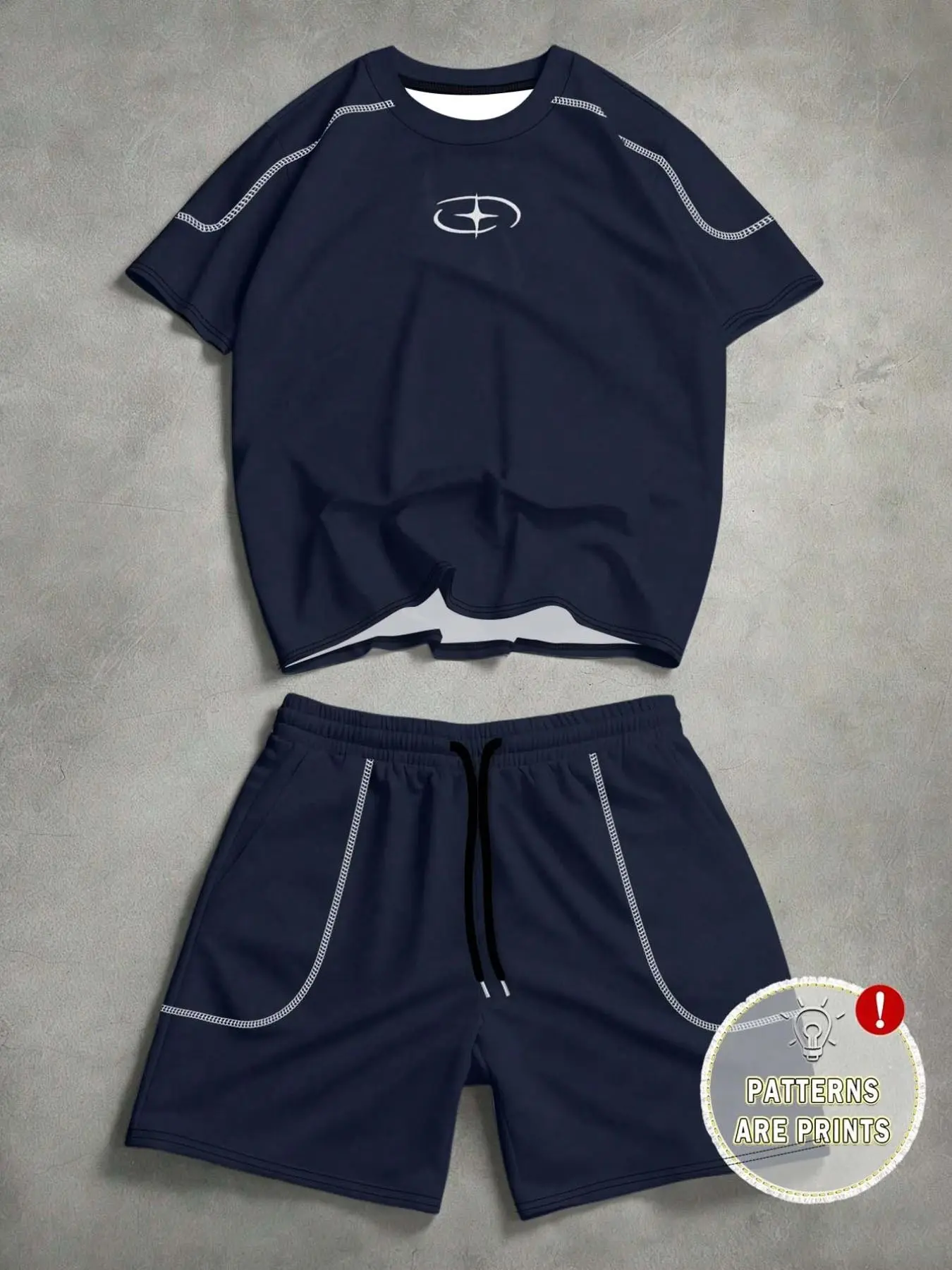 American Street Style Simple Sport Two-Piece Set, Breathable Thin Round Neck T-Shirt, Drawstring Five-Quarter Pants, Men's Casual