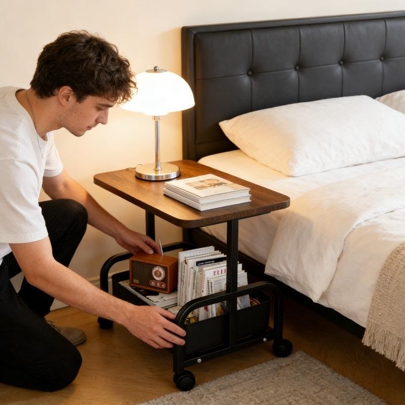 Vintage Style Movable Coffee Table Trolley Side Table, Living Room Sofa Storage Tea Cart with Wheels, Open Double-Layer Storage, Large Capacity, 360° Smooth Casters for Easy Movement