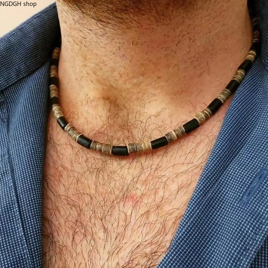 Men's Surfer Natural Wood Beaded Choker - Retro Coconut Shell Bead Collar with Adjustable Clasp, Boho Tribal Male Wear Accessory for Beach Vacation & Everyday Outfit Gift