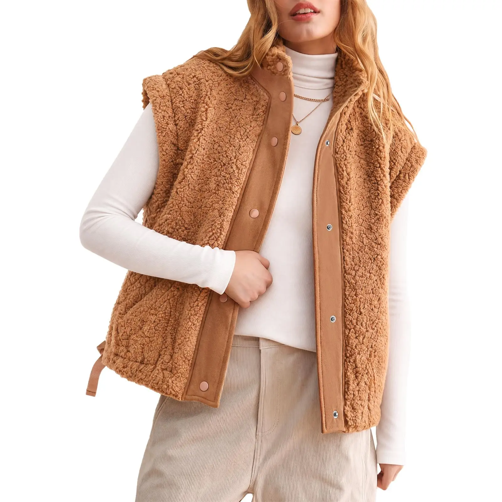 Imily Bela Chic Sherpa Fleece Vest Side Drawstring Button Up Sleeveless Coat Casual Autumn Winter Outwear