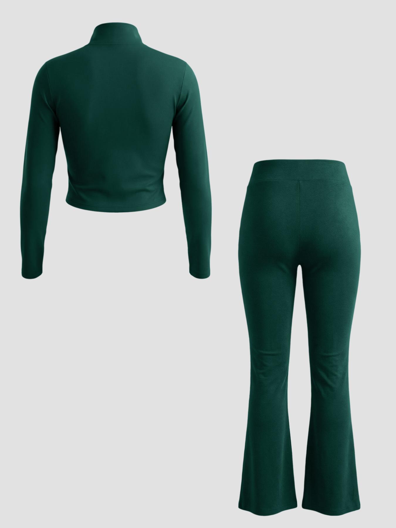 Women's Solid Color Long Sleeve Zipper Jacket & Flare Pants Set, Casual for Daily Wear, Ladies Fashion Clothing Combo