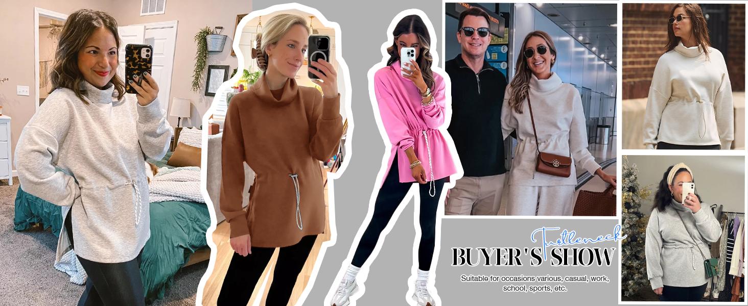 FISOEW Women's Turtleneck Sweatshirts Long Sleeve Pullover Tops Side Slit Tunic Shirts with Drawstring Waist Hoodie White Casual Womenswear #TikTokShopHolidayHaul