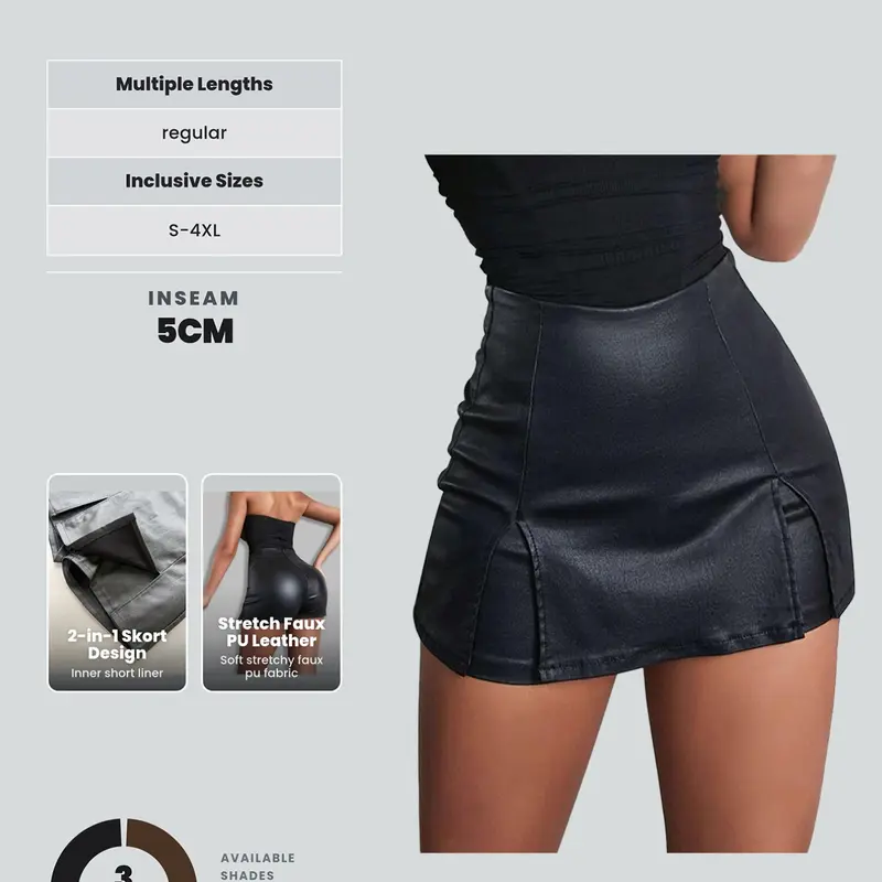 Lw Zillionaires High Waist Elastic Split Hem Basic PU Leather Culottes, Plain Color, Leopard Print, Polka Dot, Multi-Color Options, All Seasons