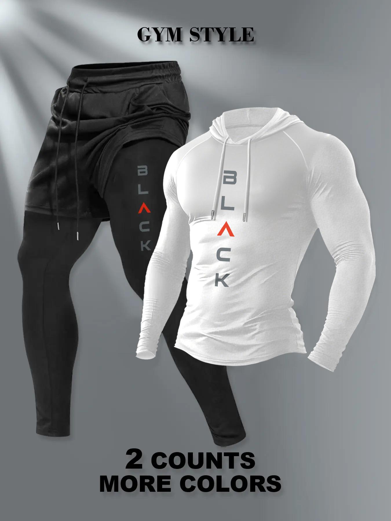 Men's Hooded Long Sleeve T-Shirt + Faux Two-Piece Pants Set, Stylish Casual Fall & Winter, Moderate Fabric, Fitted Style