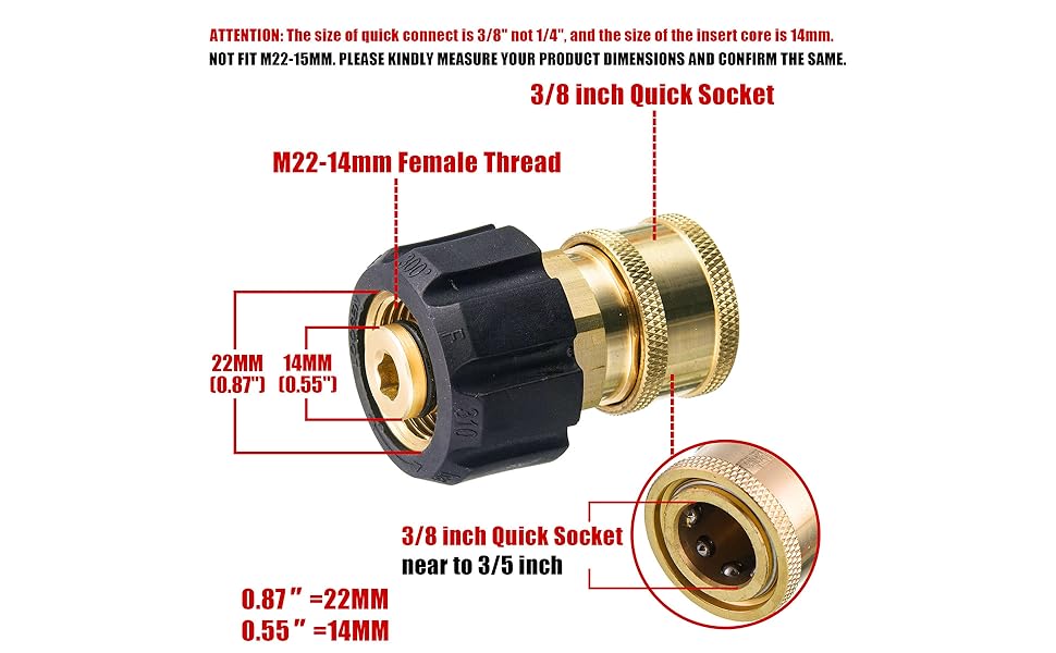 Pressure Washer Quick Connect Adapter, 3/8 Inch Socket to M22 14mm Metric Fitting for Pressure Washer Gun and Hose, 5000PSI
