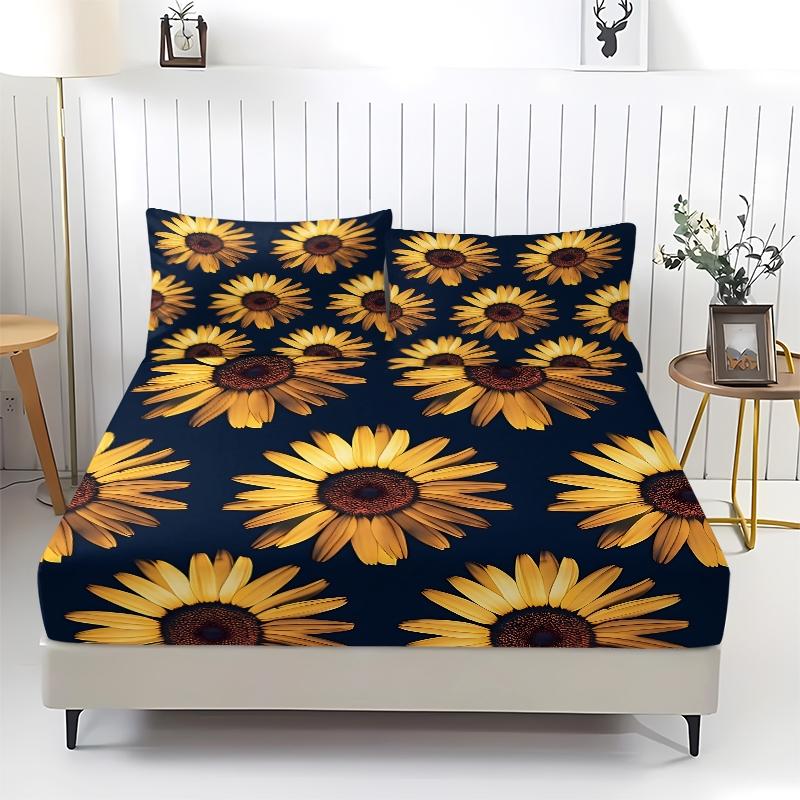 3Pcs Vibrant Sunflower Pattern Fitted Sheet Set, Modern Floral Digital Print Bedding Set, Soft and Cozy Microfiber Bedspreads, Ideal for Brightening Up Your Bedroom and Creating a Contemporary Ambiance, Includes 2 Pillowcases, No Pillow Core