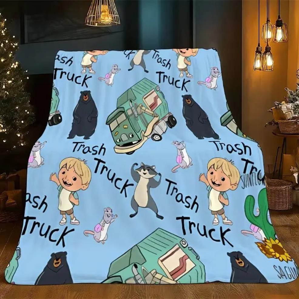 Trash Truck Adorable Cartoon Utility Vehicle Flannel Blanket, Soft Skin-Friendly Polyester Blanket, Baby Blankets and Adult Blankets, Warm Cozy Throw for Sofas, Beds, Camping, All-Season Textile Bedding, Perfect Birthday Holiday Gift for Kids and Family
