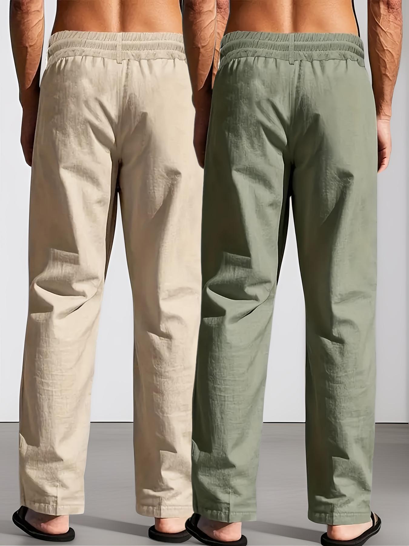 2 pieces men's plain-colored linen casual straight-leg pants, Casual Comfy Fashion, for spring, summer and autumn, with drawstring and faux buttons design, lightweight breathable, suitable for daily commuting, outdoor travel, fitness