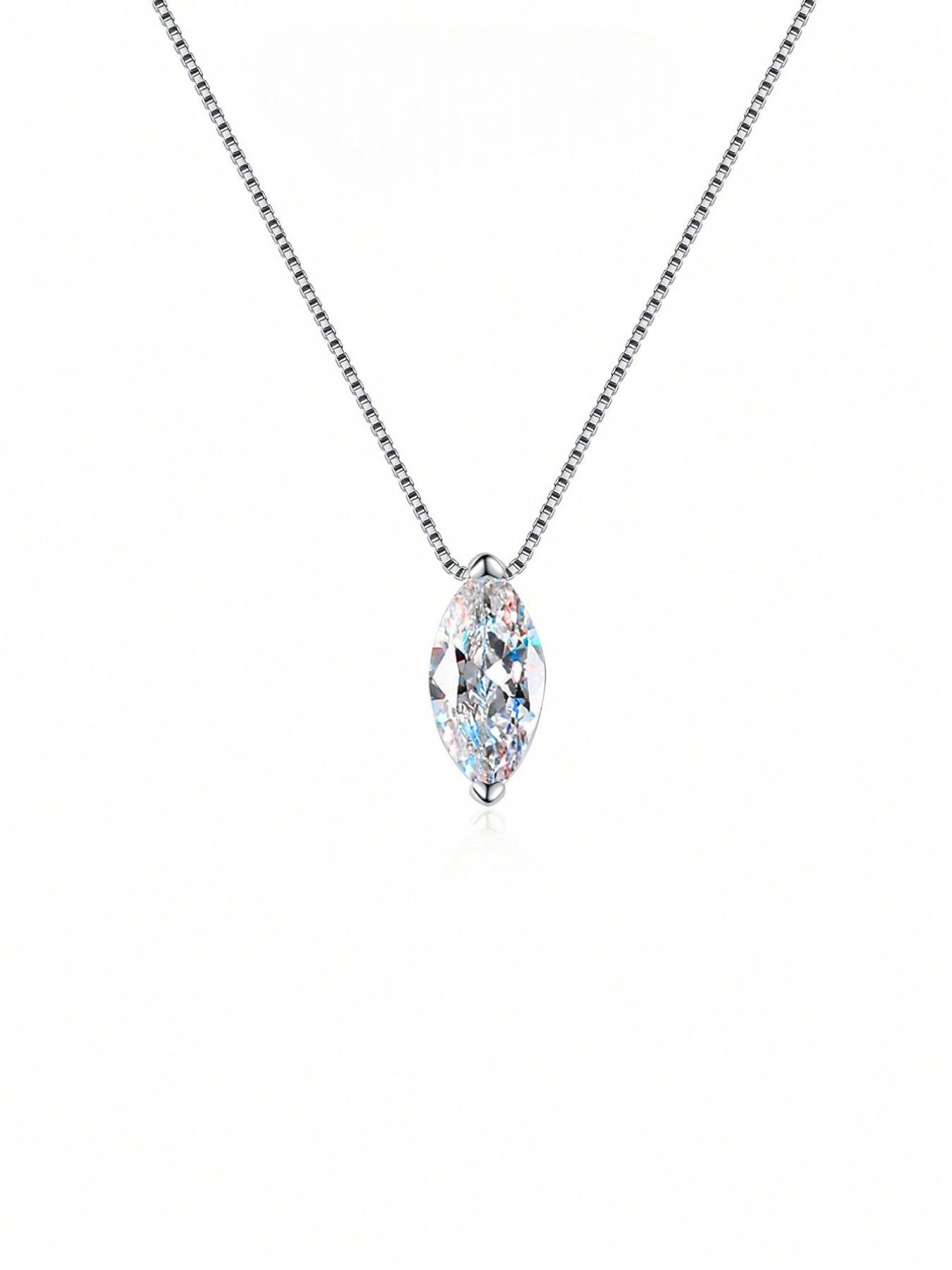 925 Silver 1 Carat Moissanite Drop Necklace, Elegant Lockbone Chain for Daily Wear, Versatile Horse Eye Moissanite Pendant