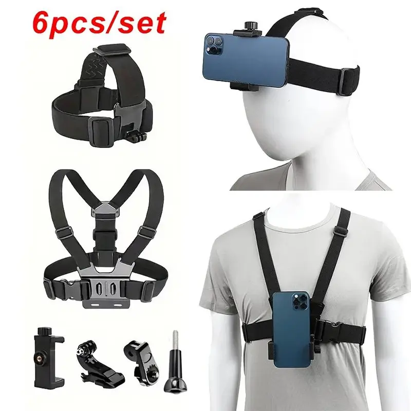 6-in-1 Action Camera Kit: Headband, Chest Strap, and Stand; Adjustable for GoPro 12 Phones; Enhances Stability and Versatility Photography Tool, Photography Camera Accessories, Sports Camera Accessories