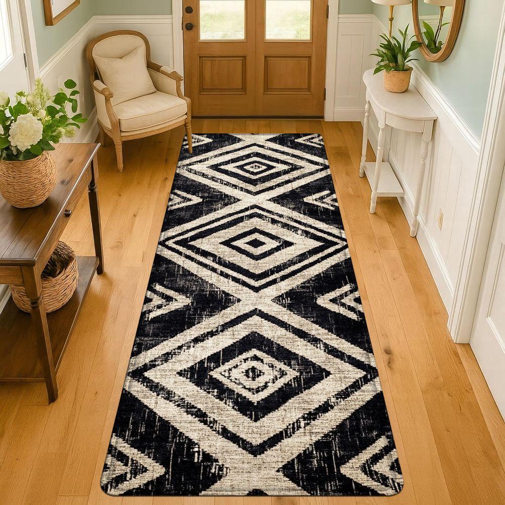 1PC， Black and White Diamond Geometry Patterned strip rugs, home décor, bathroom mats, entryway mats, bathroom non-slip mats, indoor entrance rugs, bedroom bedside mats, kitchen mats, hallway rugs, flannel sponge rugs, hallway runner rugs