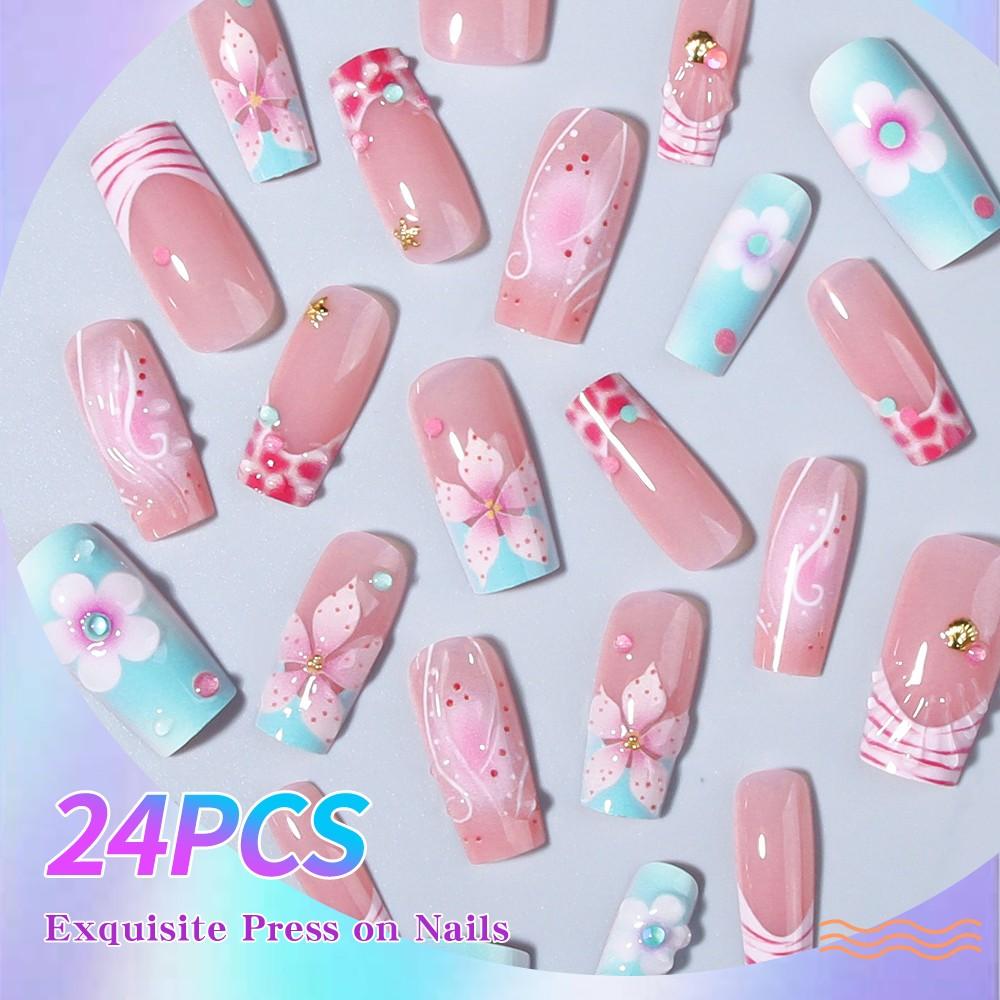 24pcs 3D Gel Nail Art Set, Ocean & Hibiscus Design, Square French Tips, Acrylic False Nails, Includes Adhesive & File, Perfect for Daily Use & Parties