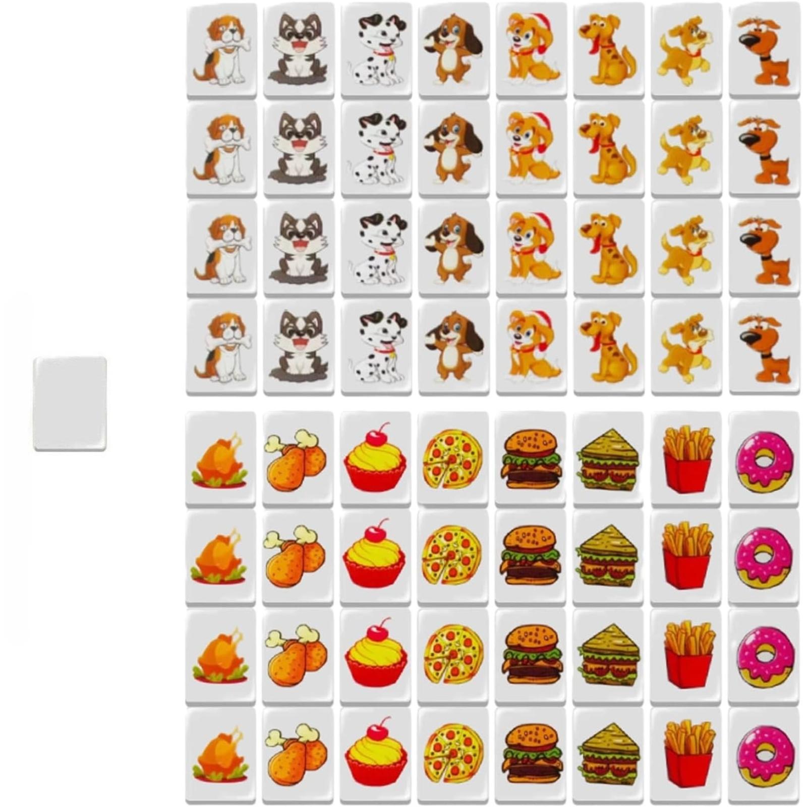 Push Tile Game Set 64 Pieces, Cute Dog and Food Pattern Mahjong Tiles, Durable Material, Perfect Gift for Family Gatherings