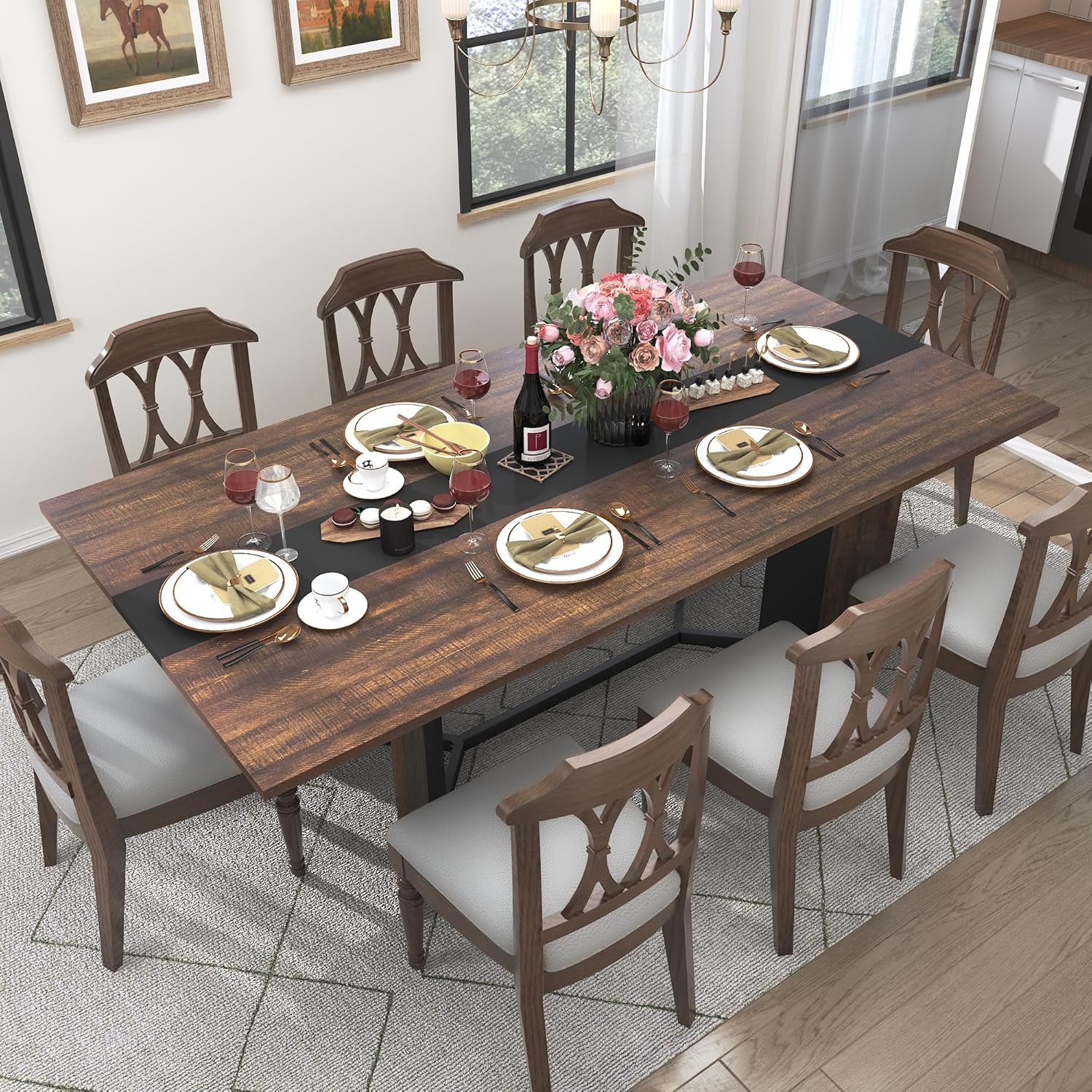 71In Large Rectangular Brown Dining Table for 4 5 6 7 8 People w/35 Marble-Color Wood Watrproof Tabletop,Adjustable Leg.6ft Luxurious Family Dinner Table for Office Kitchen Living Room, (white/Brown)