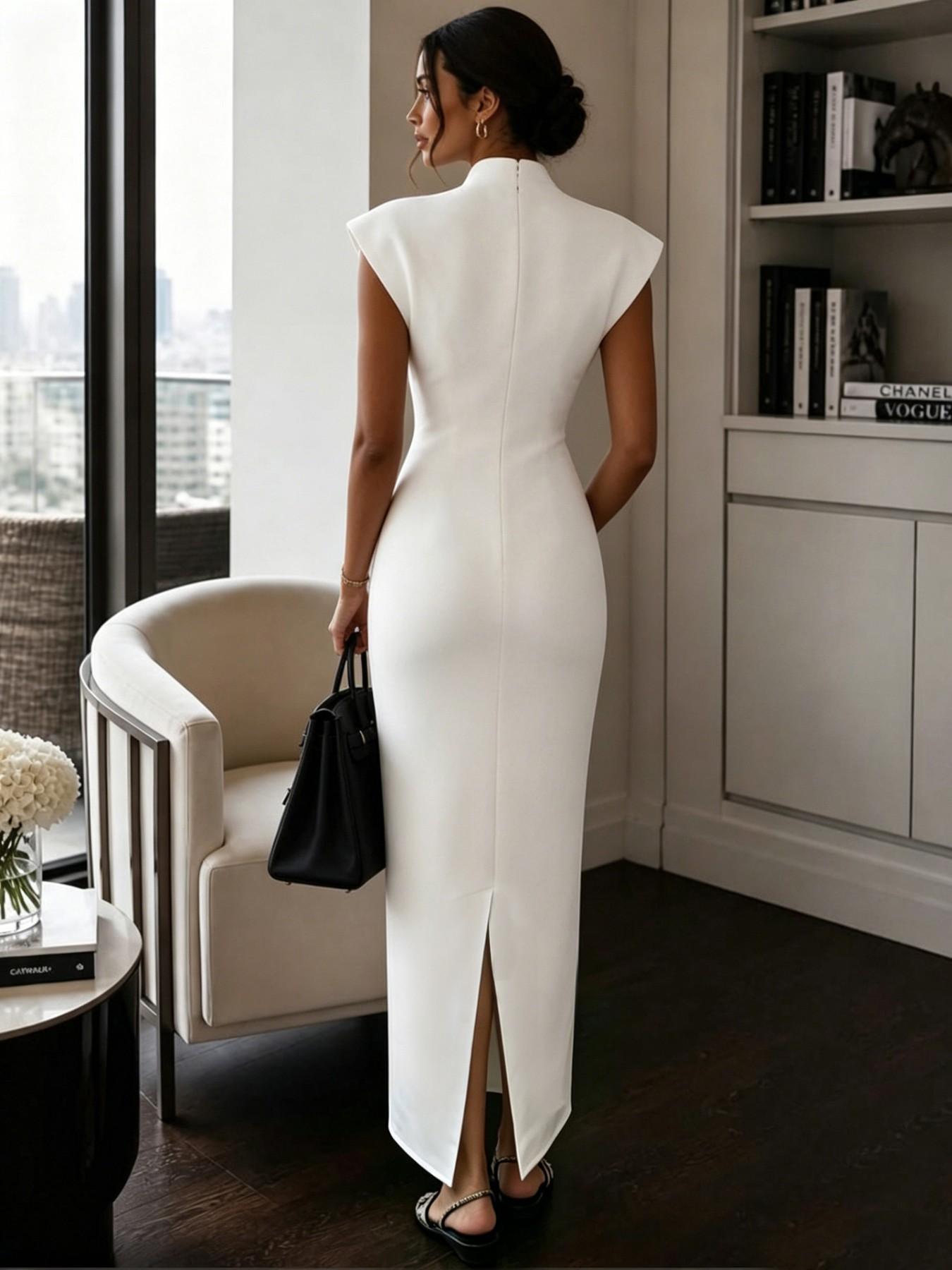 2026 Summer New Stand Collar V Neck Sleeveless High Waist Bodycon Dress, Solid Color Elegant Slimming Party Gown, Fashionable A-Line Skirt