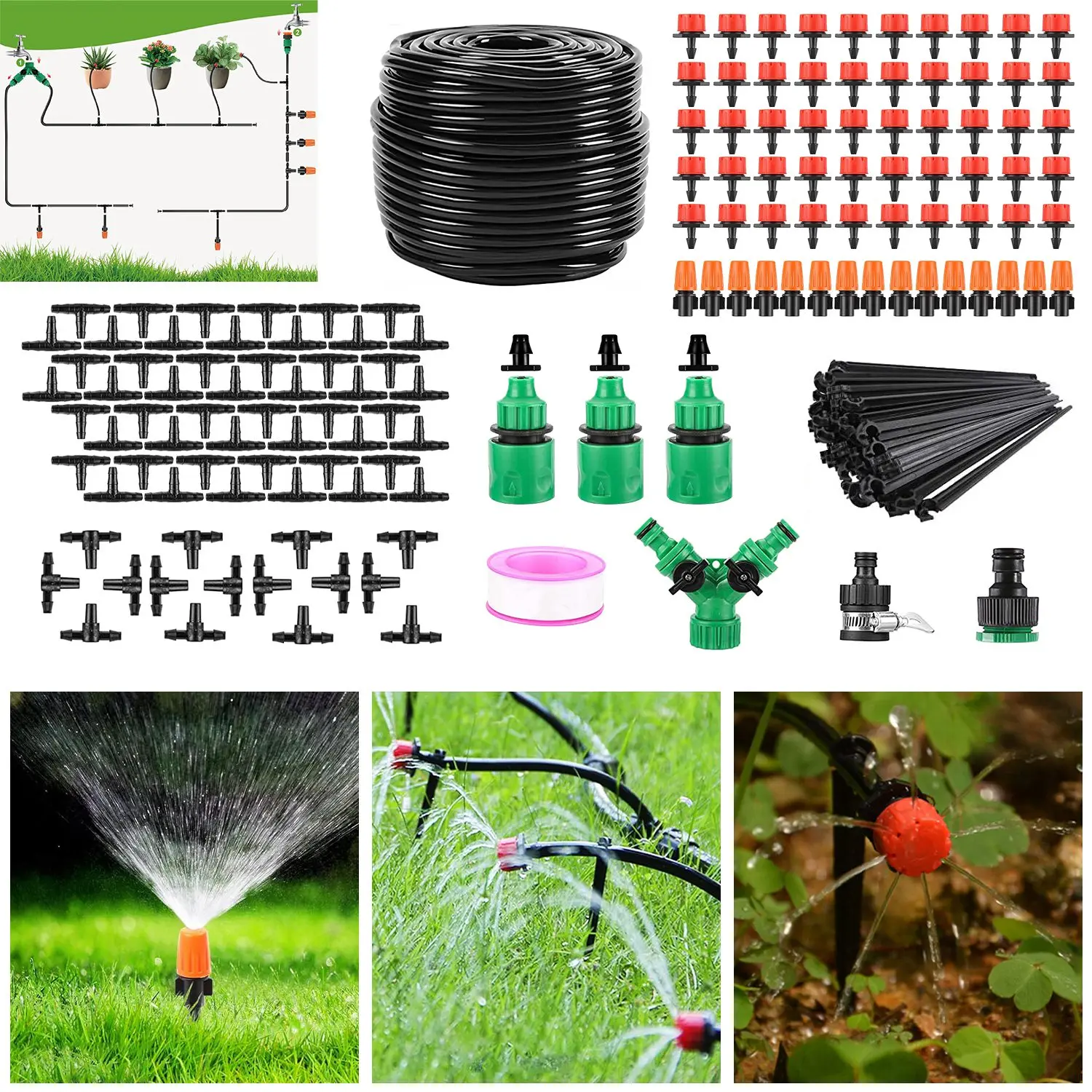 164FT Automatic Drip Irrigation Kit - Outdoor Garden Accessories Plant Watering Device, Mist System for Spring-Summer Gardens, Greenhouse (Home Improvement Gutters & Downspout-Compatible Drip Kit)
