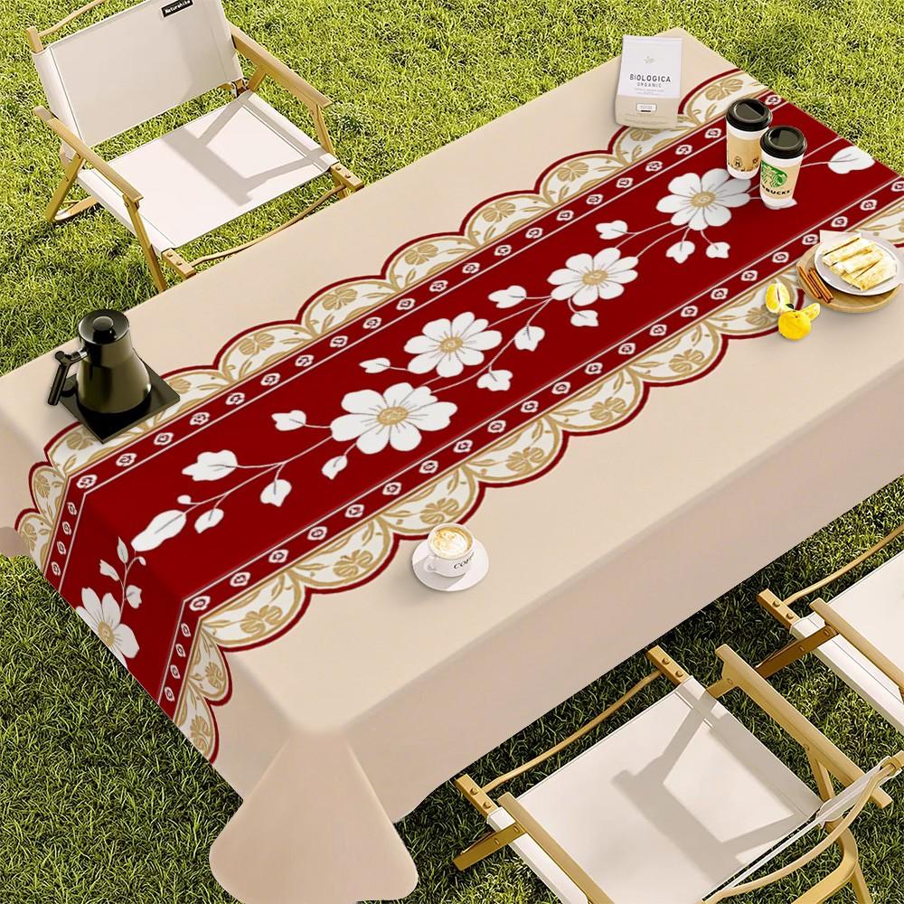 Rectangular Light Beige Tablecloth, with Red Floral-patterned Gold-bordered Table Runner, Perfect for Cozy Homey Dining Area, Elegant Design, Premium Fabric, Enhances Dining Ambiance