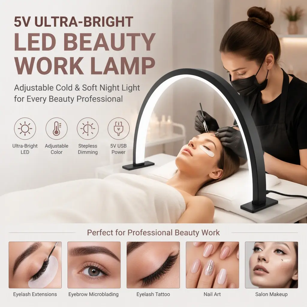 5V Ultra‑Bright LED Esthetician Work Lamp, Adjustable Cold & Soft Light, Beauty Salon Lighting for Eyelash Extensions, Eyebrow Microblading, Eyelash Tattoo, Nail Art & Makeup