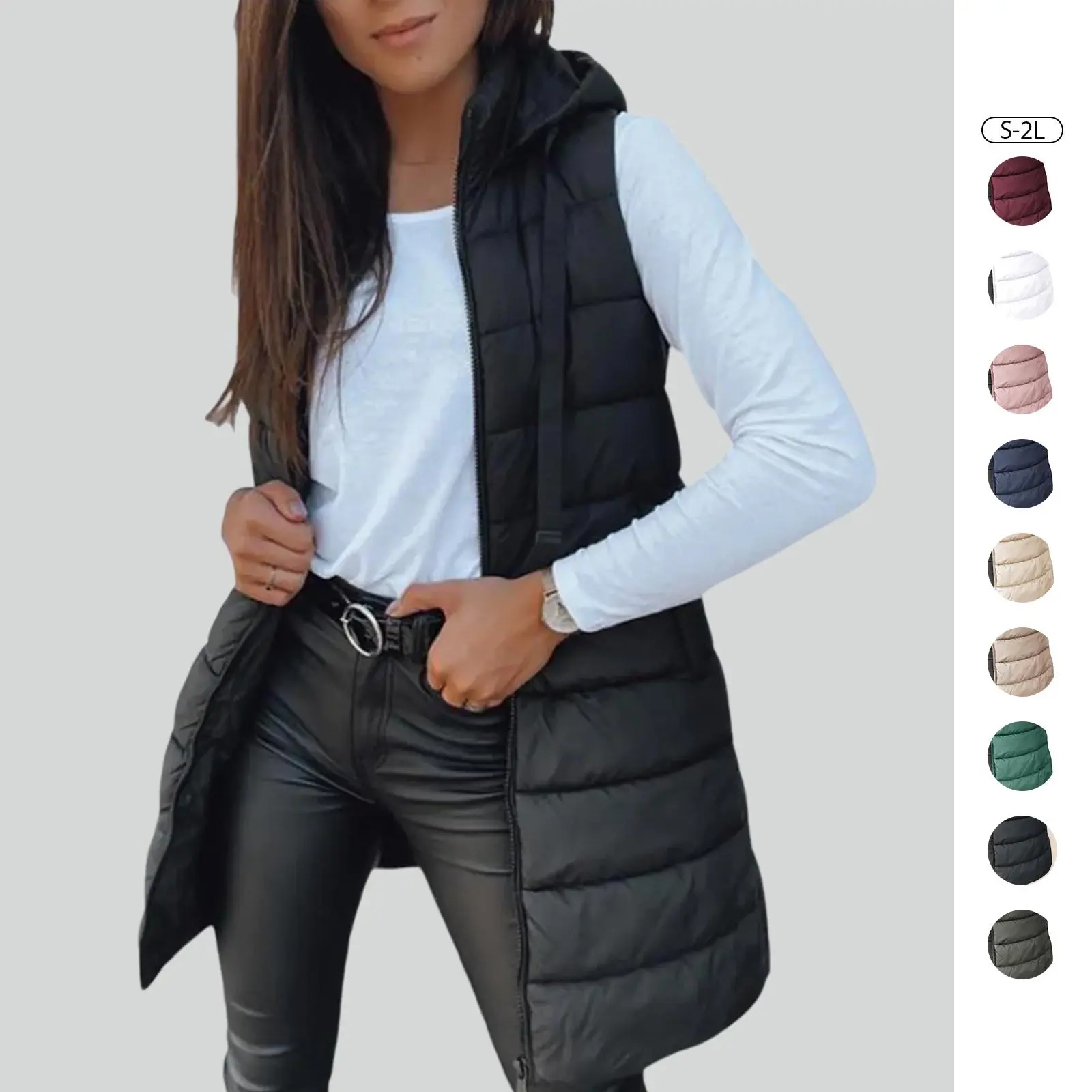Imily Bela Women Long Vest Solid Color Sleeveless Hood Winter Puffer Vest Outwear