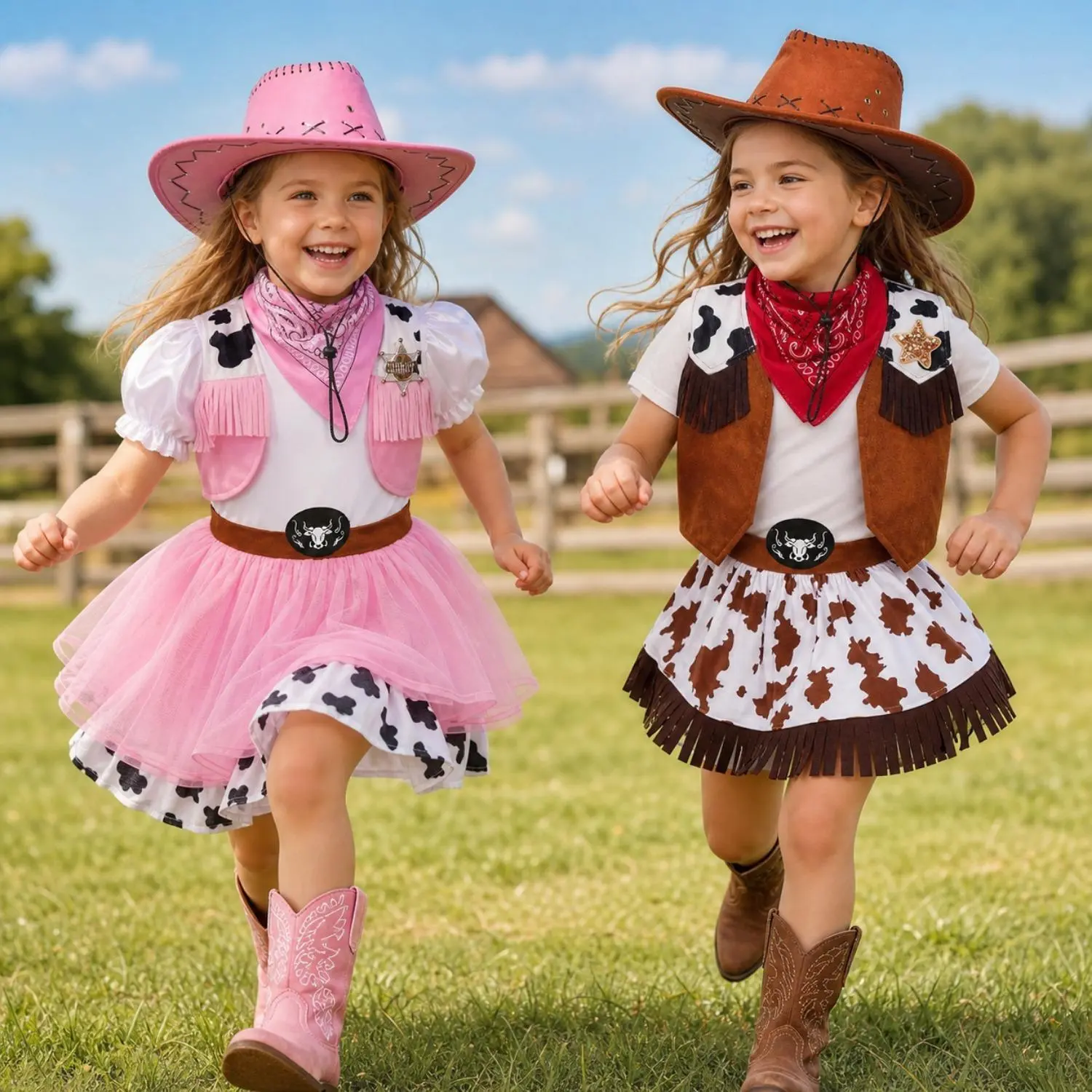 Girls' 3-Piece Western Cowgirl Costume Set - Poly-Cotton Dress Skirt (Cow Print & Gingham Short Length), Hat for Party Wear & Cowboy Look, All Seasons, Multi Sizes