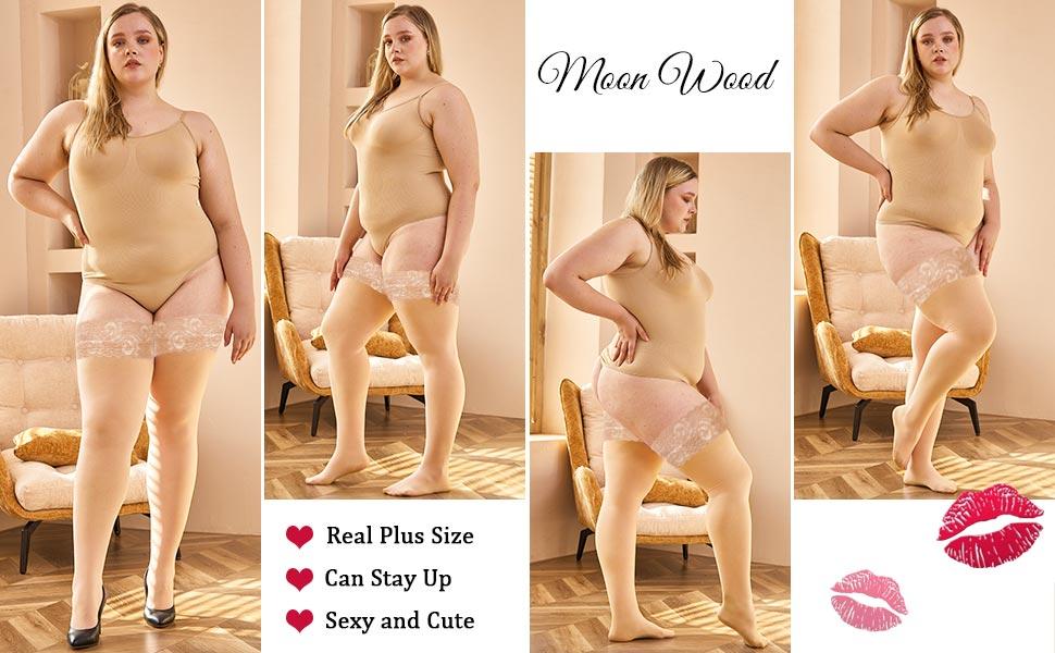 Moon Wood Plus Size Thigh High Stockings Womens 55D Semi Sheer Silicone Lace Top Stay Up Lingerie Thigh Highs Pantyhose
