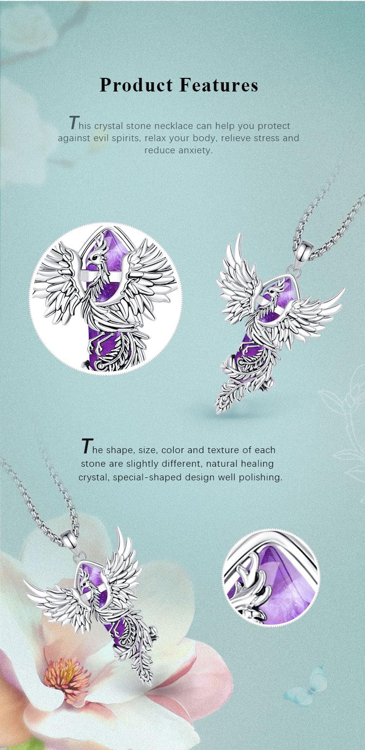 Natural Crystal Phoenix Necklace, Silver Bird of Rebirth Pendant, Healing Amethyst Pink Quartz, Handmade Spiritual Jewelry for New Beginnings