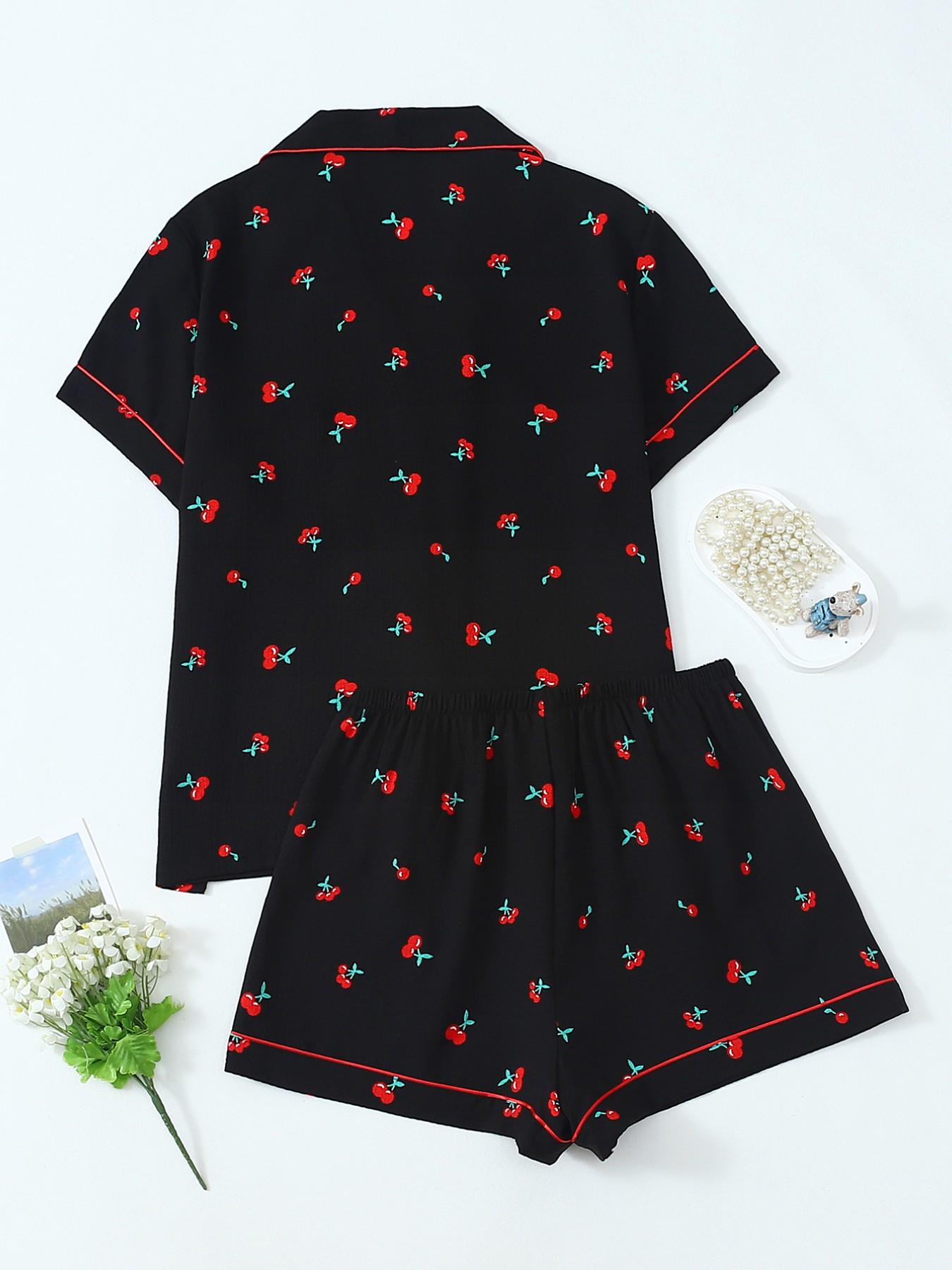 Women's Short Sleeve Button Down Top and Shorts Pajama Set, Spring Summer Wear, For Sweet Cool Baddies, Black Base With Red Cherry Print, Classic Lapel Collar With Contrast Red Piping, Loose Fit, Comfortable For Home & Going Out