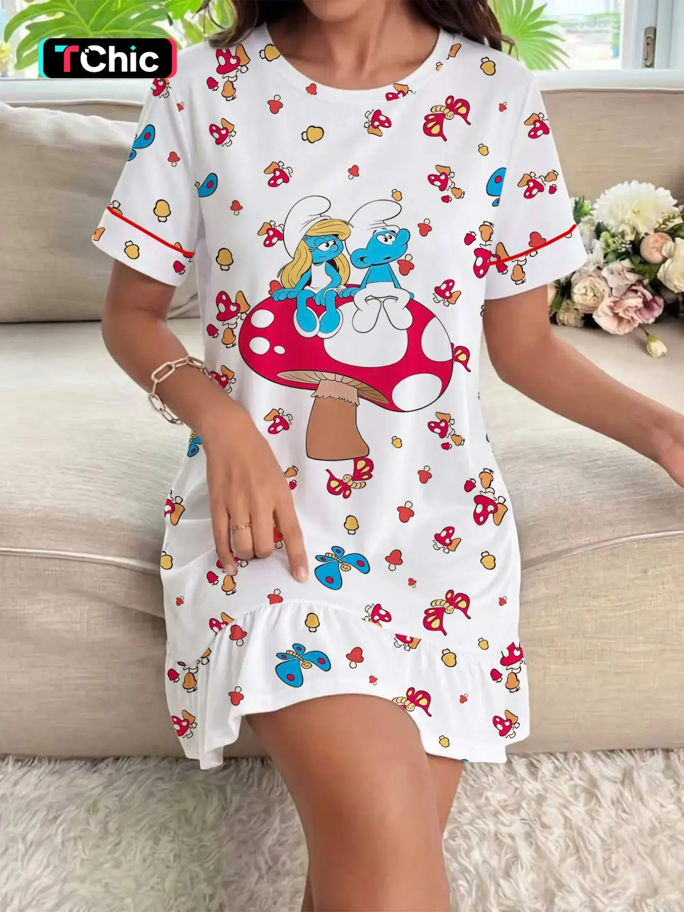 Women's Cartoon Print Nightdress, Round Neck Short Sleeve, Comfortable Loose Fit, Elegant Daily Wear, Festival Pajamas, Casual Homewear, Nightwear