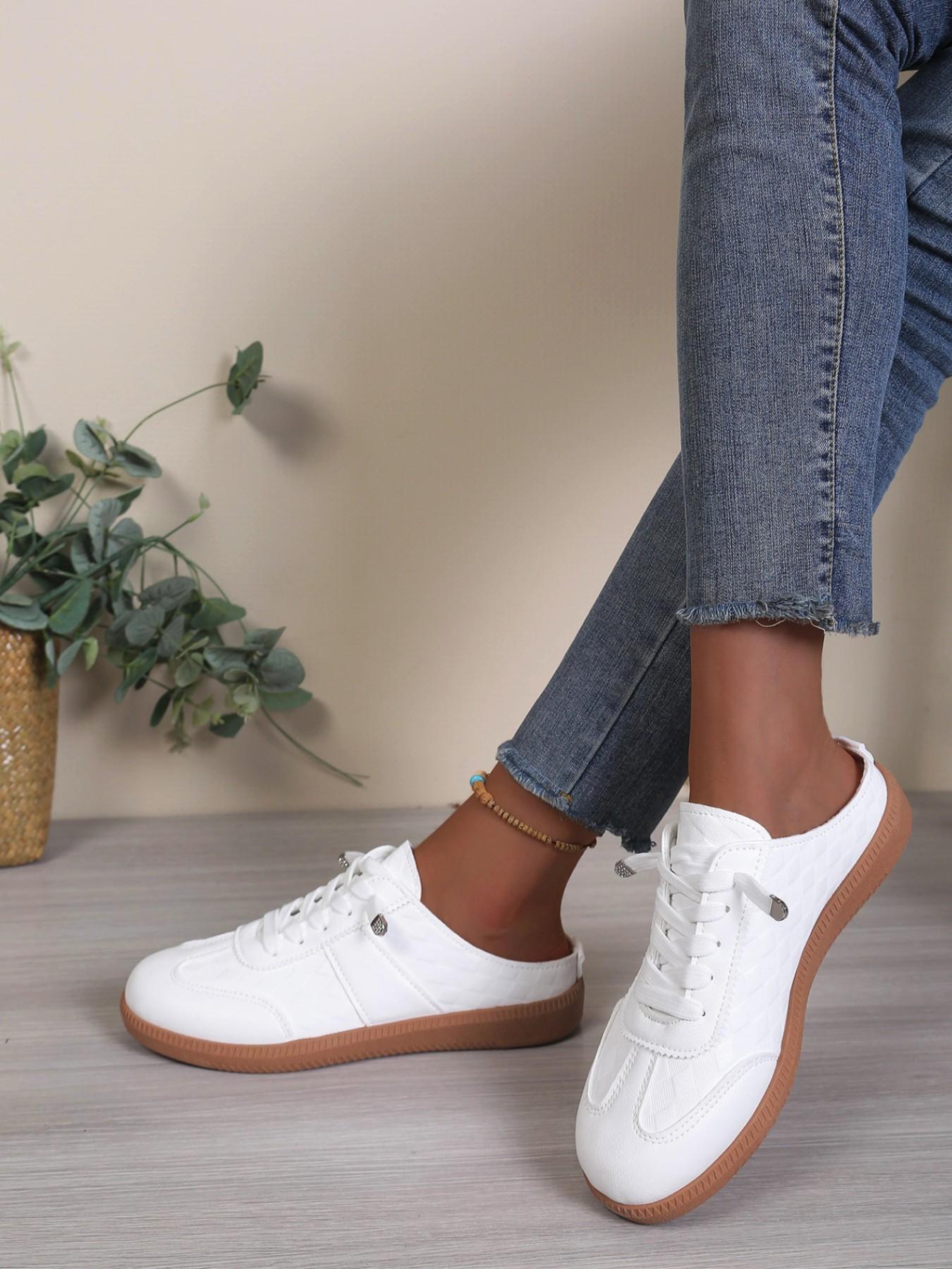 Women's 2026 Summer Vacation Essential Quilted Lace-Up Open Back Mule Sneakers, Slip-On Casual Footwear for Beach Strolls, Poolside & Everyday Summer Days, Rubber