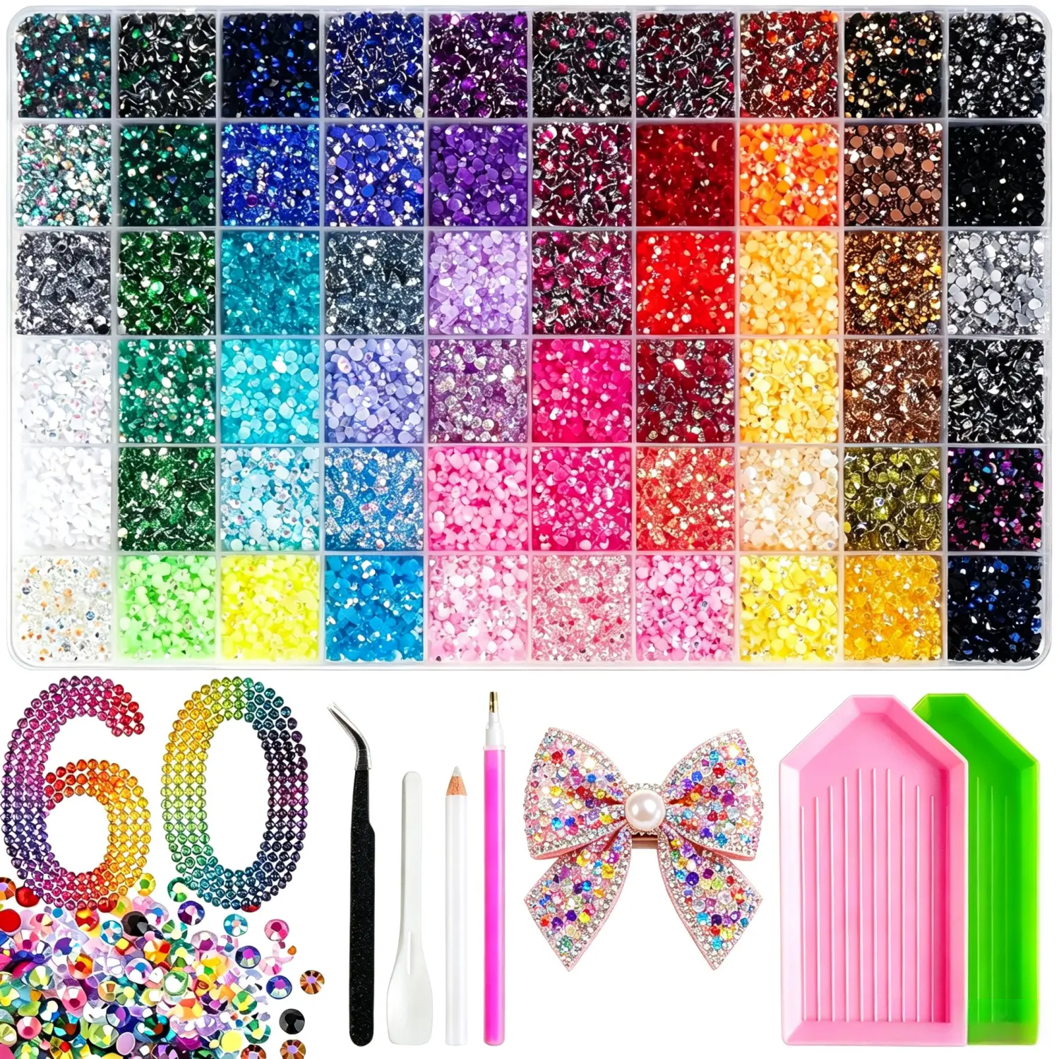 60-Color Jelly Resin Rhinestone Set, DIY Nail Art Kit with Multicolor AB Flatback Rhinestones, Complete Manicure & Craft Set with Tweezers for Phone Case Decoration and Jewelry Making