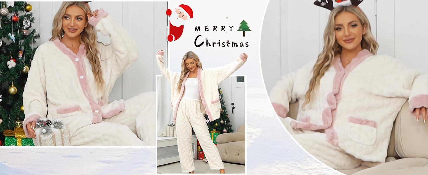 Women's Fluffy Fuzzy Texture 2-Piece Pajama Set - Long Sleeve Casual Buttoned Front Pullover, Pants, Soft Polyester Winter Basic Home Wear Nightwear #golden girl pajama family