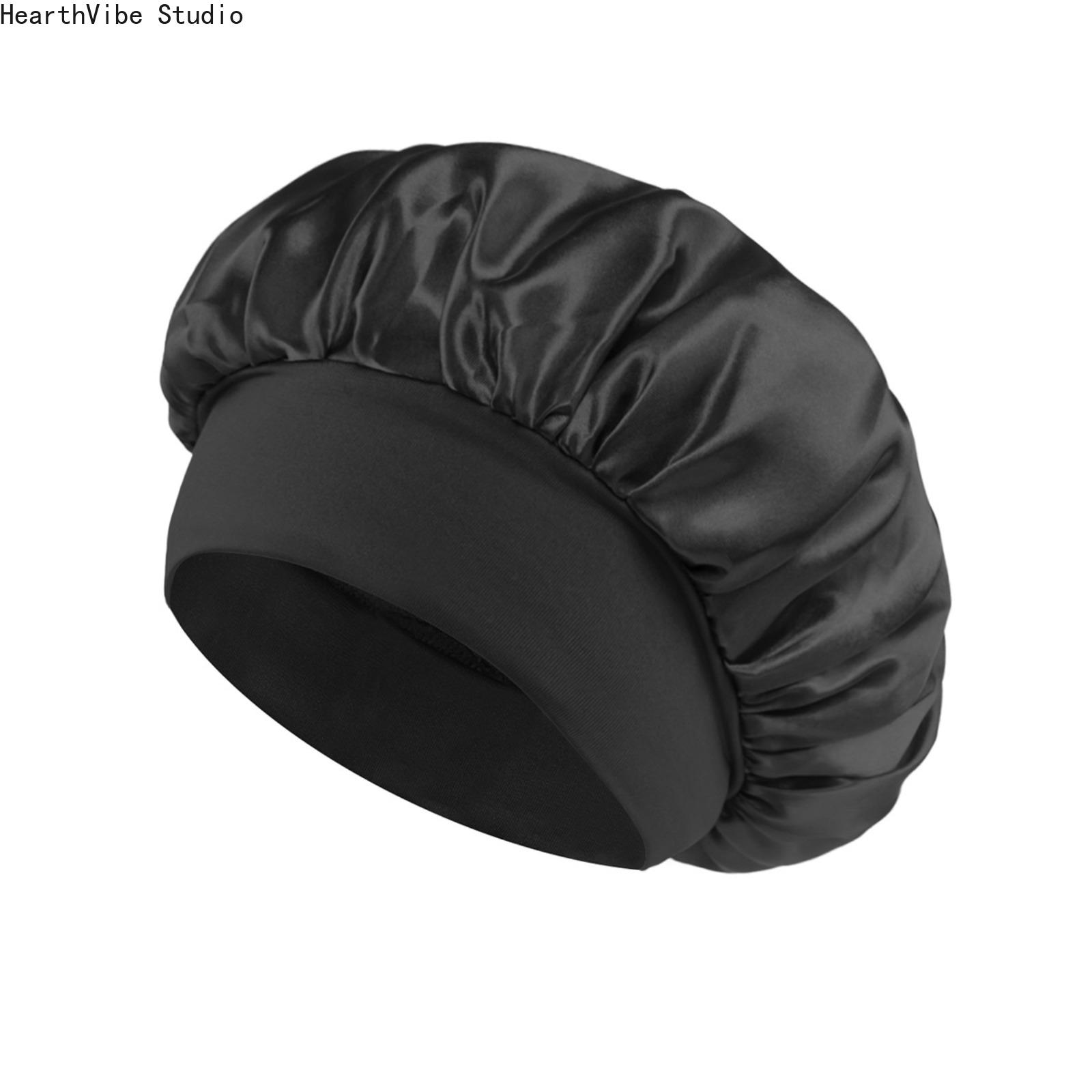 Women's Double-Layer Satin Shower Cap - Waterproof, Anti-Frizz, Wide-Brimmed Bath Bonnet for Salon Styles, Heatless Curls, Gift Option, Available in Navy, Gold, Sky Blue, Silky Solid Beauty Product