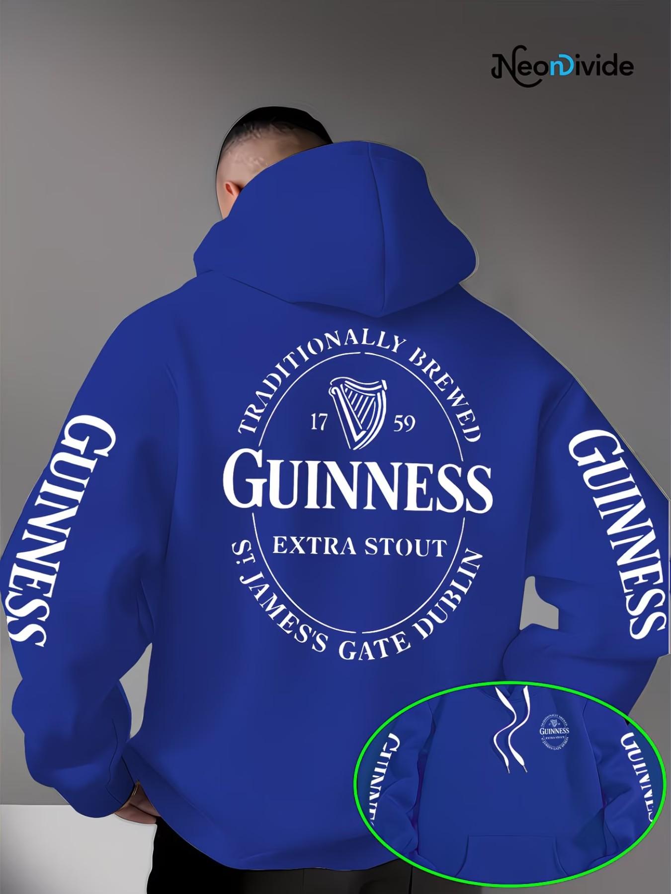 Trendy Men's Guinness Print Hoodie, Drawstring Kangaroo Pocket Design, Loose Fit, Lightweight Knit, Fall Winter Streetwear