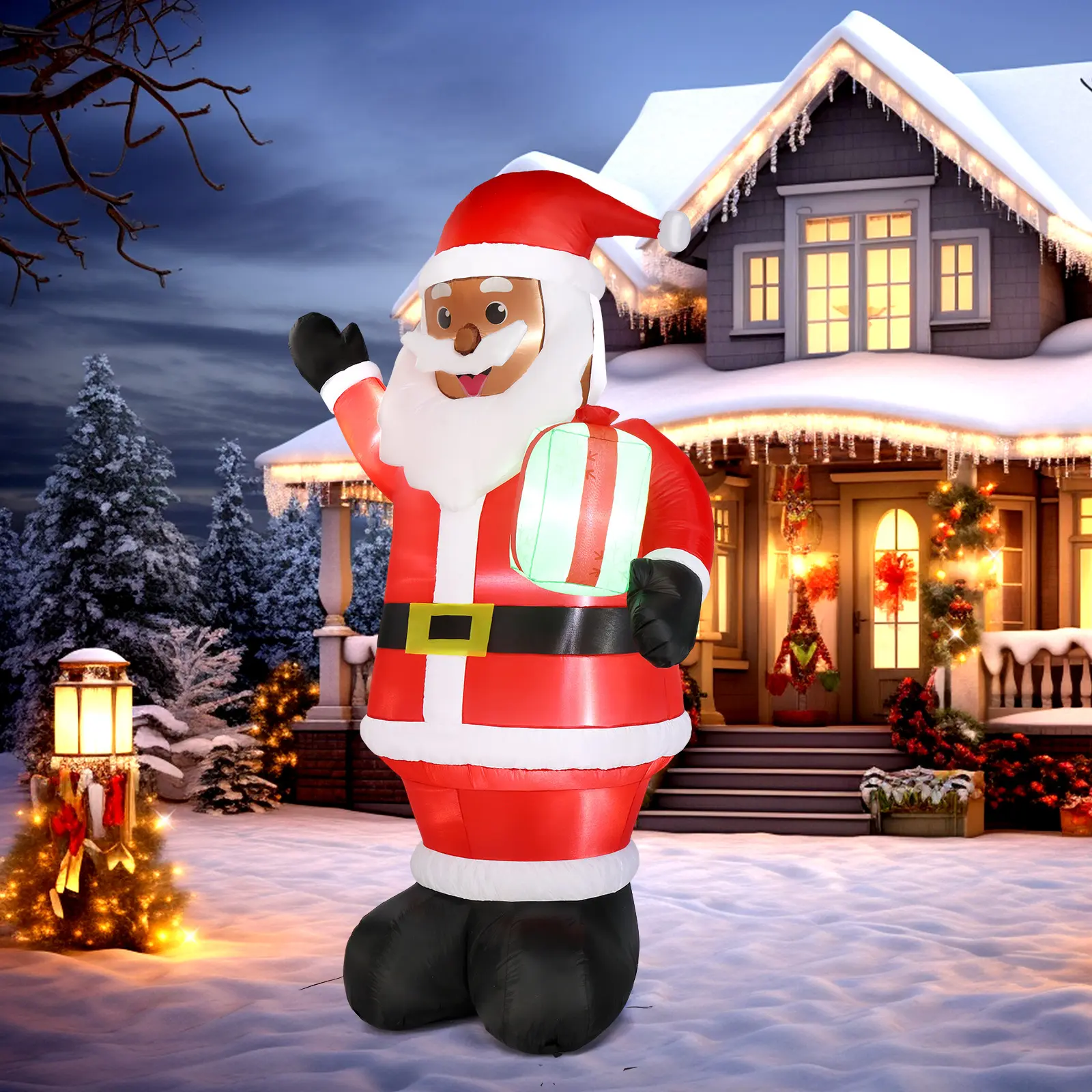 7 FT Lighted Plastic Christmas Inflatable Photo Backdrop Set, Waterproof Black Santa Claus Holding Gift, Blow Up Yard Decor with Built-in LED Lights for Holiday Party Front Yard